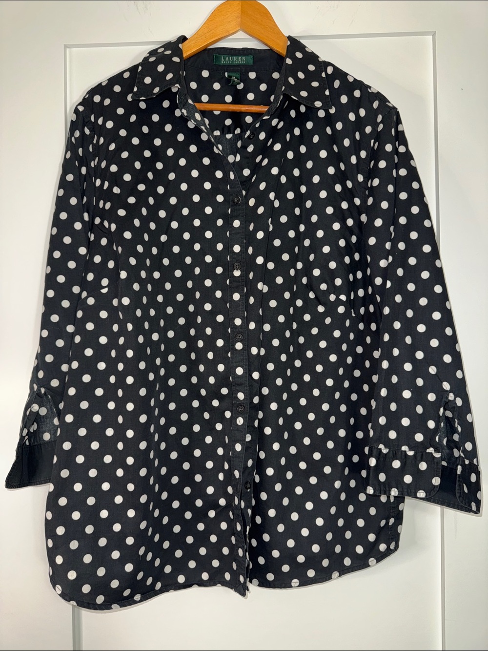 Lauren Ralph Lauren Black Polka Dot Button-Down Shirt Sz 3X 3/4 sleeve cotton